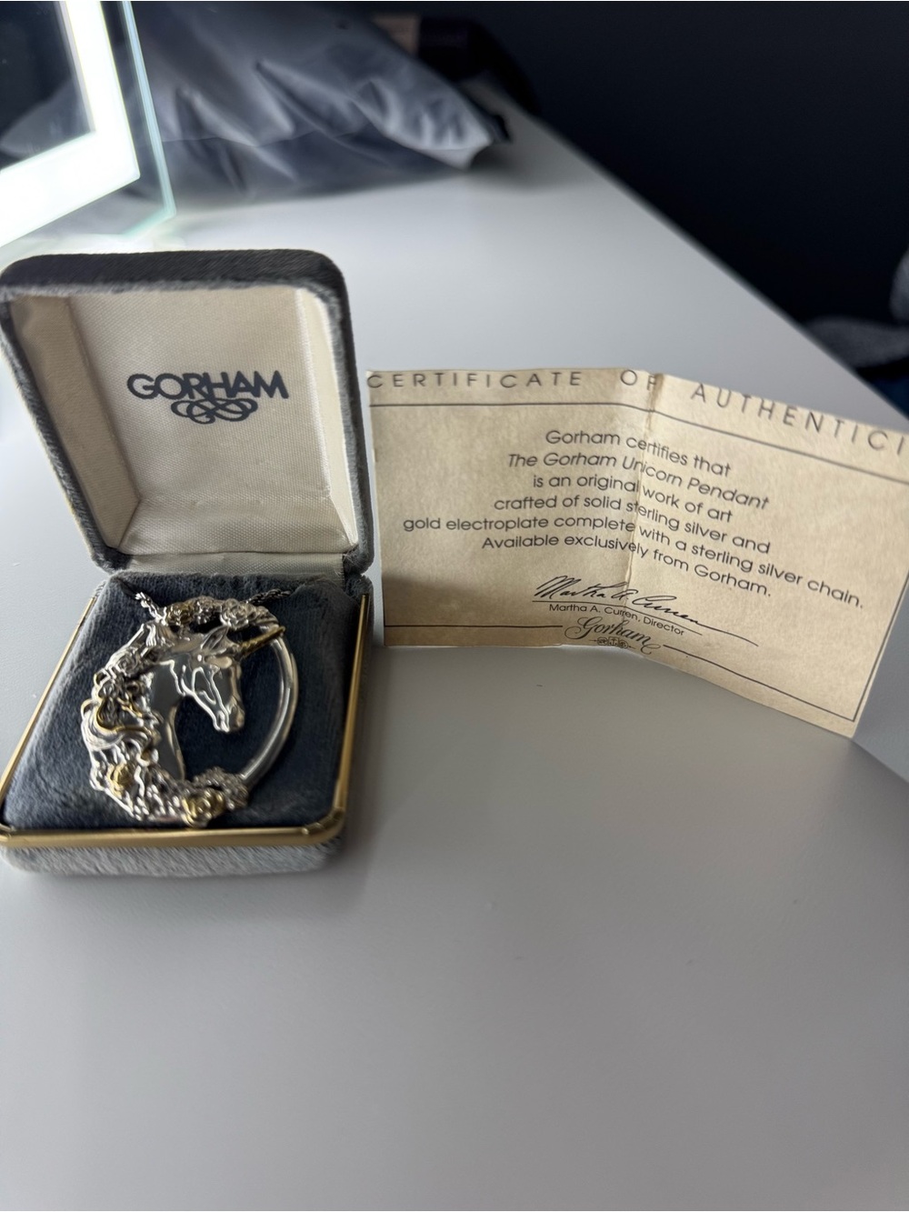 Vintage 925 Sterling Silver Gorham Unicorn Horse Necklace/Pendant original Box